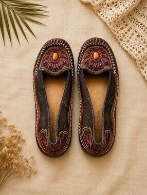Predictions Beaded Embroidered Ballet Flats Brown Boho Size 7